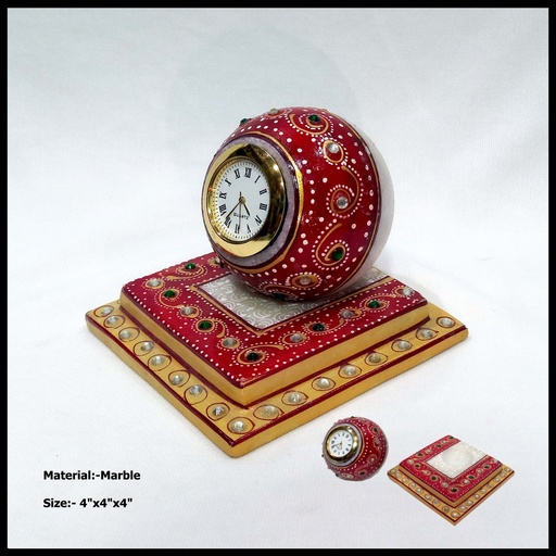 [MarbleShowpiece] Marble Table Clock With Fine Emboss Painting 